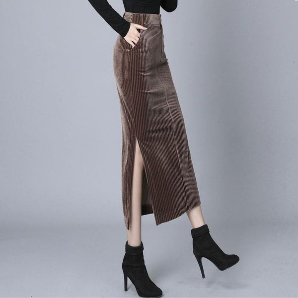 

female velvet skirt autumn pencil medium slit side waist coffee y275 2yp1, Black