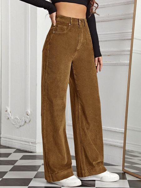 

high waist slant pocket cord pants u0r8#, Black;white