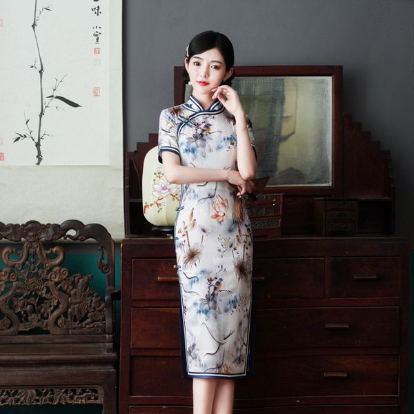 

luxury casual dresses silk skirt girls 2021 women's middle and long cheongsam improved drs, Black;gray