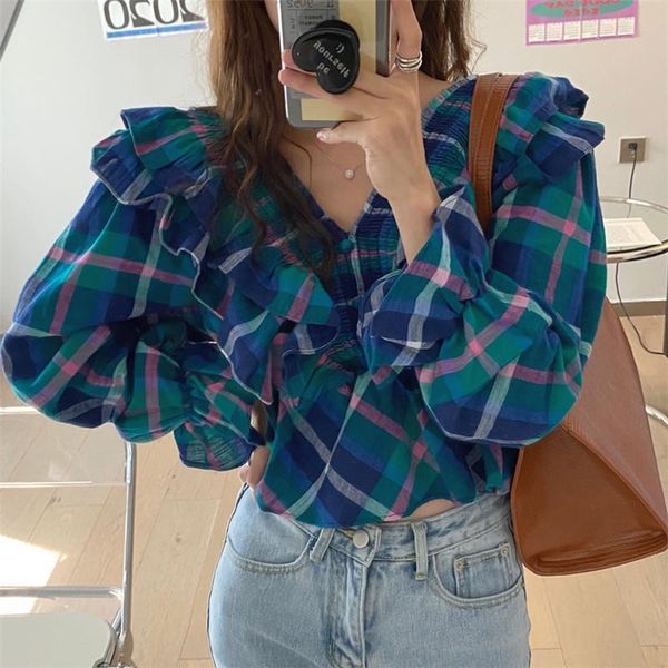 

arrival retro early autumn gental blouses v-neck fashion long sleeves ruffles stylish elegance women shirts, White