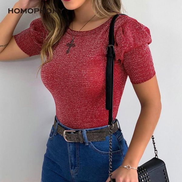 

women's t-shirt homophony t-shirts bright wire o-neck short sleeve female tight solid casual puff clothing, White