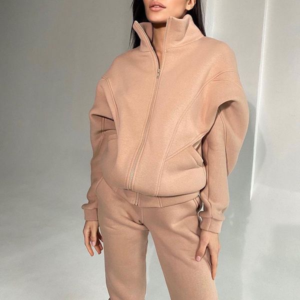 

fashion casual solid sport suits women elegant stand collar sweatshirts suit women pockets ankle length pants suits ladies, White