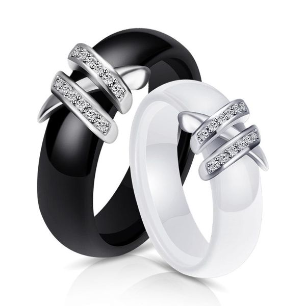 

wedding rings ceramic stainless steel ring black white double x zircon couple for men women only fashion jewelry, Slivery;golden