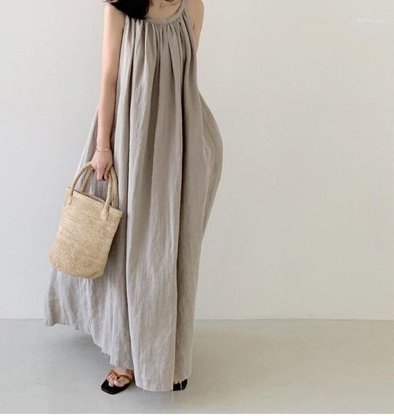 

casual dresses losse cats linens summer ladies jurk 2021 mouwloze backless boho maxi lange 121136wla, Black;gray