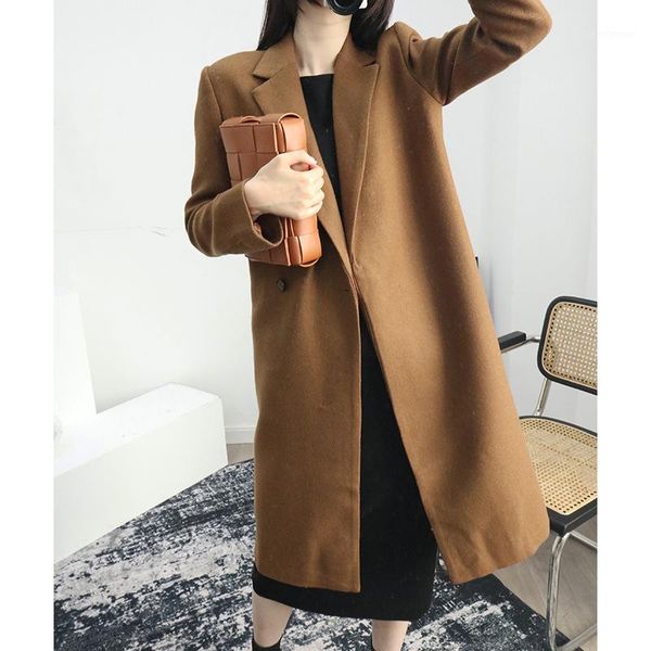 

women woolen coat long sleeve single button solid color loose fashion female autumn winter women's wool & blends, Black