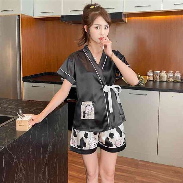 

silk pajamas kimono women summer black cow short-sleeved japanese korean sleepwear home clothing for female wholesale, Black;red