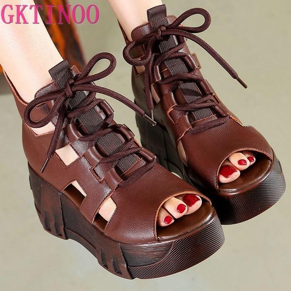 

sandals gktinoo women flat platform 2021 summer genuine leather handmade shoes slip on ladies sandal, Black