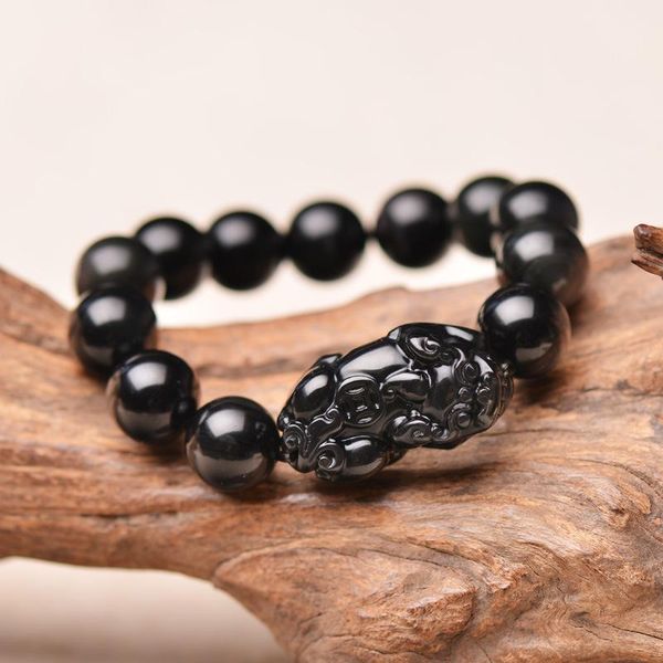 

beaded, strands natural black obsidian bracelet round beads pixiu bracelets bangles gift for grentam men's jewelry