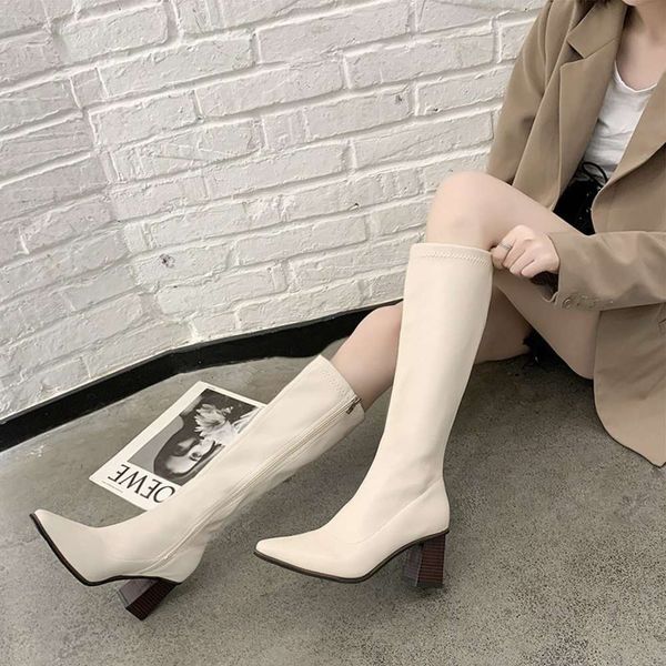 

knee length boots women's autumn and winter british style square head thick high heel thin psh long barrel knight, Black