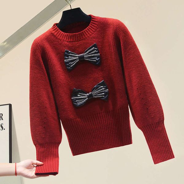 

lazy 2021 new bow round neck pullover sweater women's red jacket, Black