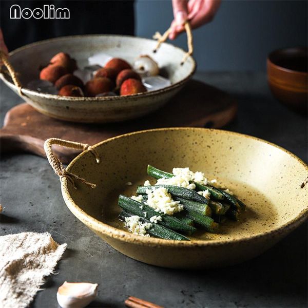 

dishes & plates japanese coarse pottery retro double ear dinner plate ceramic deep soup fruit dish simple dessert steak kitchen tableware