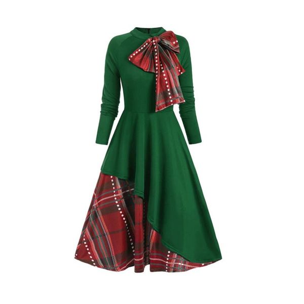 

casual dresses hillsionly plus size fashion women plaid bowknot long sleeve dress o neck stitching big swing evening party elegant maxi, Black;gray