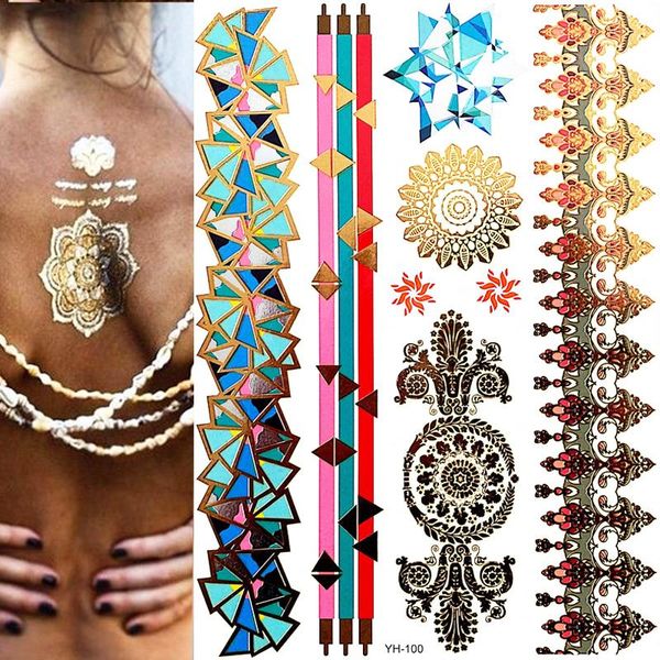 

temporary tattoos 1 sheet flash tattoo boho metallic gold triangle blue shimmering jewellery festival