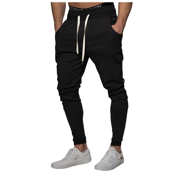 

men's fashion multi-pocket solid color casual pants slim sports comfortable summer drawstring men's sports pants#g30, Black
