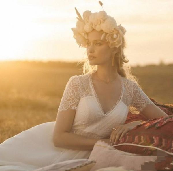 

new bohemian 2021 wedding vintage lace appliqued v neck country beach boho chiffon bridal gowns cfch, White