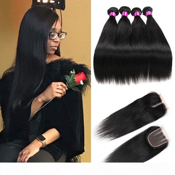 

brazilian virgin straight hair with closure 4 5 bundles with closure straight hair weaves human hair with closure, Black