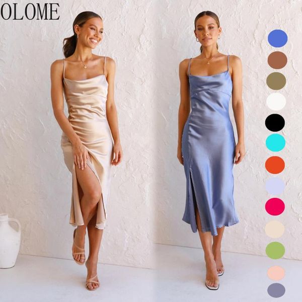 

casual dresses olome satin summer dress drawstring spaghetti straps slit long for women party vestidos womens formal, Black;gray