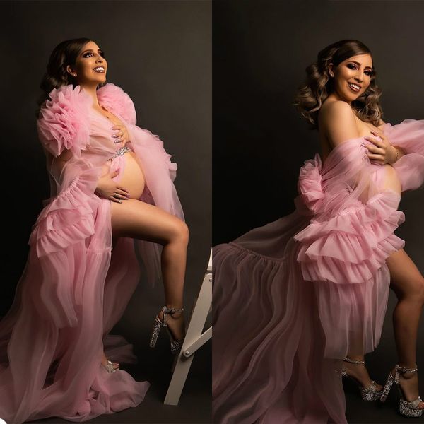 

elegant pink maternity sleepwear for pshoot tulle bathrobe off shoulder long sleeve tiered ruffles prom dress, White