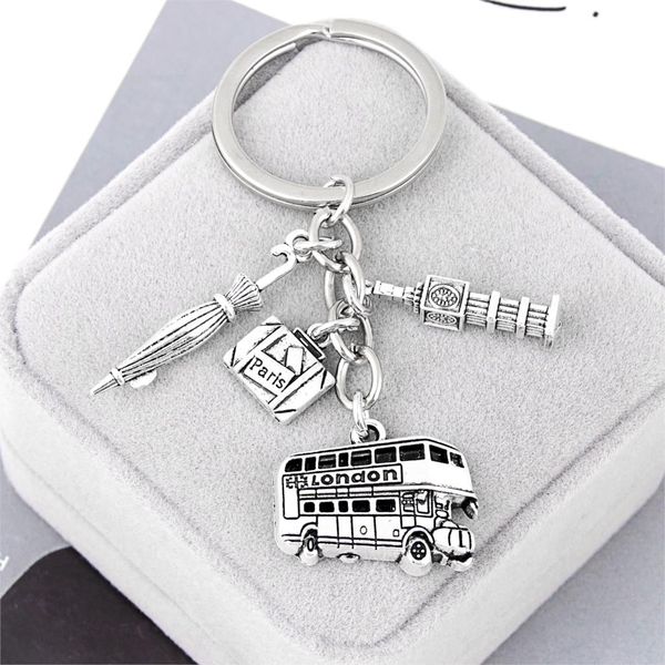 

popular clock tower and bus charms keyring trunk umbrella keychain journey theme souvenir gift handcraft jewelry e2678, Silver