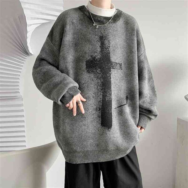 

harajuku men's brand fahsion cross printed tie-dyed wool pullovers winter hip hop clothing all-match sweater unisex, Black