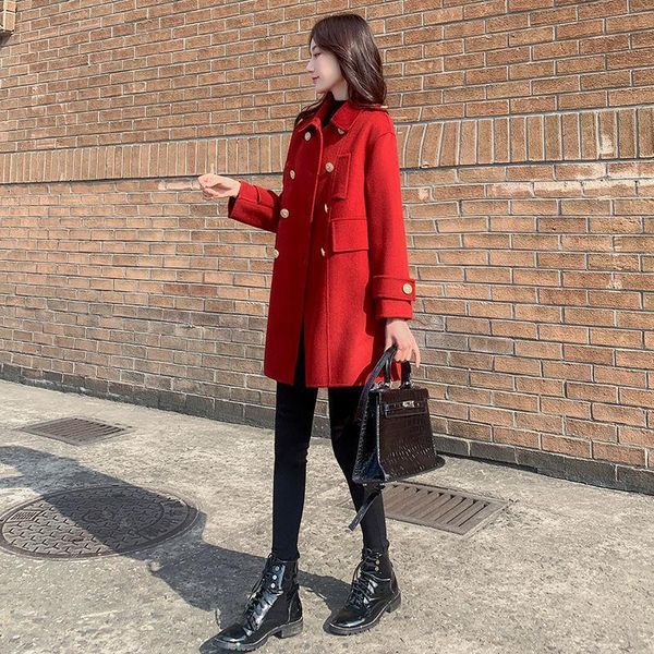 

women's wool & blends 2021 women autumn winter casual slim jackets lady solid double breasted long sleeve outwear female loose mid-long, Black