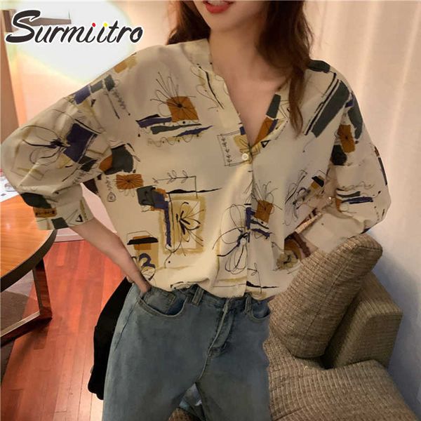 

surmiitro graffiti shirt women spring autumn long sleeve korean style chiifon feminine blouse female chemisiers chemises 210712, White