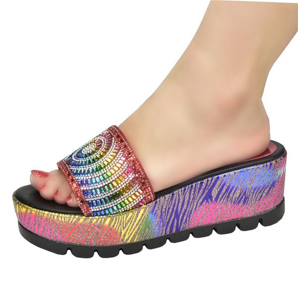 

dress shoes latest design platform wedges slippers women sandals 2021 fashion heels decorated with rhinestone nigerian party pumps, Black