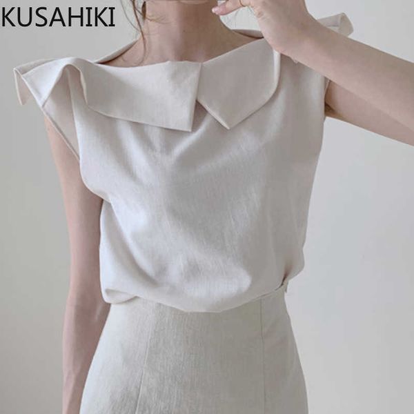 

kusahiki slash neck sleeveless ruffle blouse women korean slim elegant shirt spring summer solid blusas mujer 6g305 210602, White
