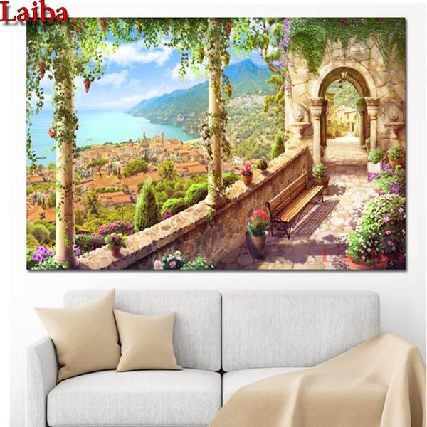 

diamond painting embroidery seaside diy 5d cross stitch stone arch flower garden full drill rhinestones decor