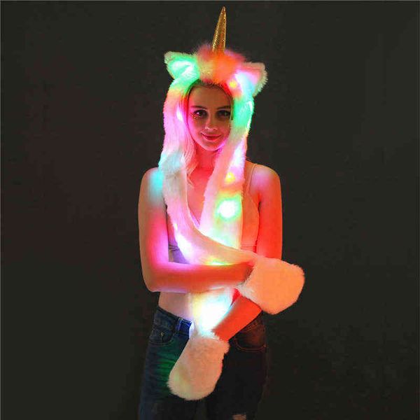 Kadınlar Hediye Seksi Kostümleri LED Faux Kürk Şapka Kış Sıcak Hayvan Unicorn Kap Eşarp Pocket Partisi Yenilik Cosplay ile 211213