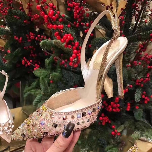 

dress shoes spring women pumps high thin heels pointed toe crystal beaded bling bridal wedding slingback, Black