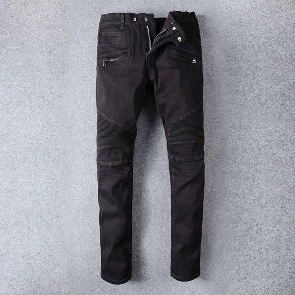

mens fold skinny black jeans fashion designer pleated panelled zipper slim fit motorcycle biker hip hop denim pants 964, Blue