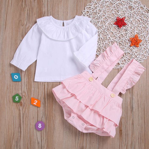

2021 spring girls' clothes wear baby collar long sleeve with strap cake skirt children's two piece set, White