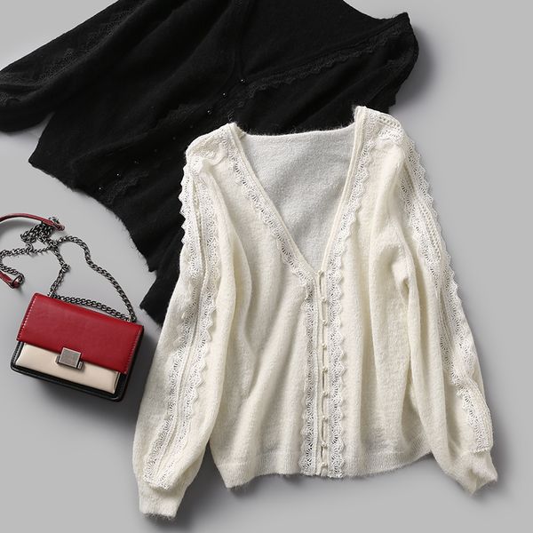 

2021 women sweaters autumn and winter new hollow crochet knit v-neck sweater cardigan n008, White;black