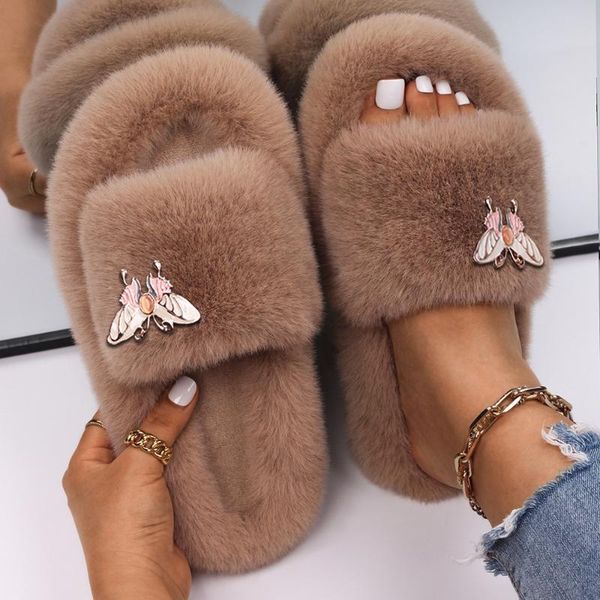 

slippers indoor luxury painted butterfly furry slides platform faux fur sandals fluffy flip flops cozy casual shoes, Black