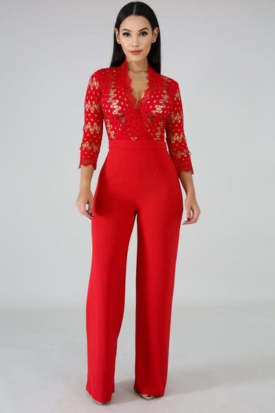 

new spring lace crochet patchwork loose jumpsuit solid white women v neck high waist skinny back zipper wide leg long pants, Black;white