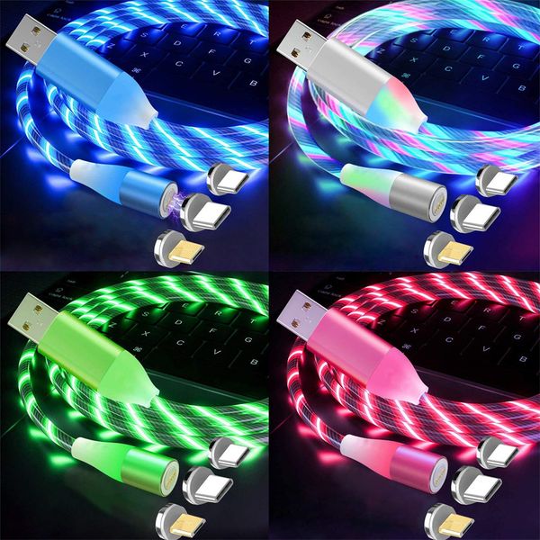 

1m 3ft luminous led cables flowing light magnetic type c usb-c micro usb cable for samsung s10 s20 s21 htc lg android phone pc