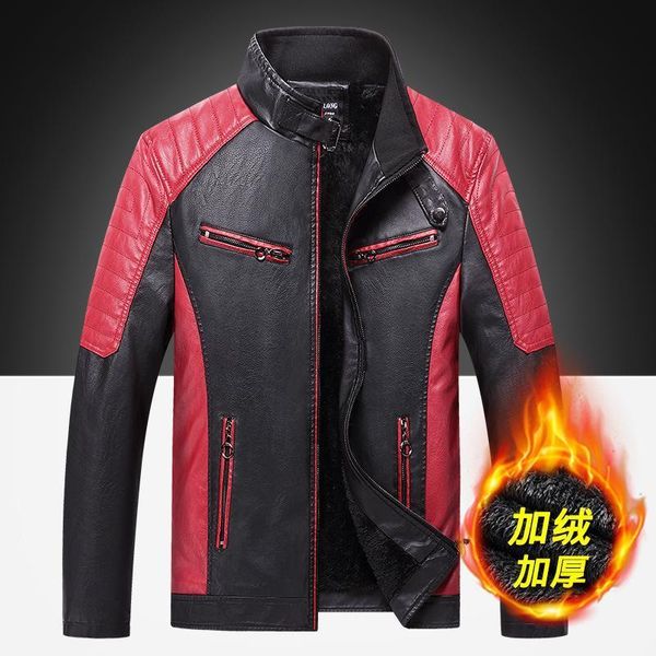 

men's spliced fleece motorcyacle leather jacket 2021 autumn winter new men fashion vintage bomber coat male collar slim outwear, Black