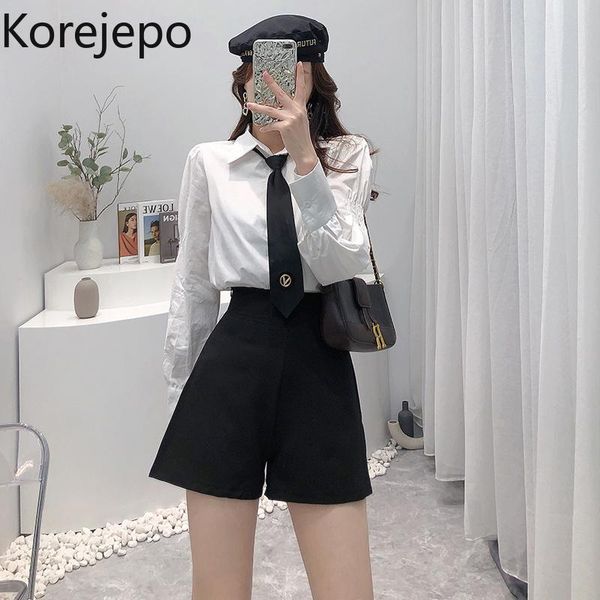 

women's tracksuits korejepo women 2 piece set 2021 autumn preppy style korean female tie long-sleeved shirt high-waist wide-leg pants, Gray