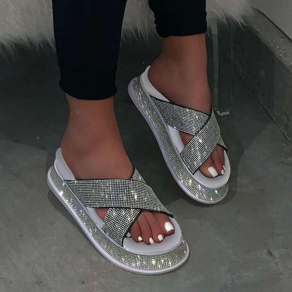 

big size slippers women summer glitter slides sliders shoes on a wedge heeled mules pantofle jelly high 2021 basic crystal fabri, Black