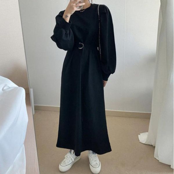 

casual dresses 2021 autumn winter solid color simplicity loose korean fashion women lacing puff sleeve long dress, Black;gray