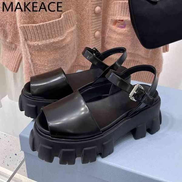 

75% off factory outlet sale platform peep toe runway shoes woman genuine leather one strap thick sole monolith heel sandals for women summer, Black