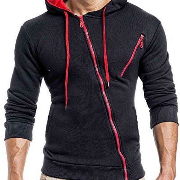 

new featur inclined zipper men's casual slim hooded cardigan sweater, Black
