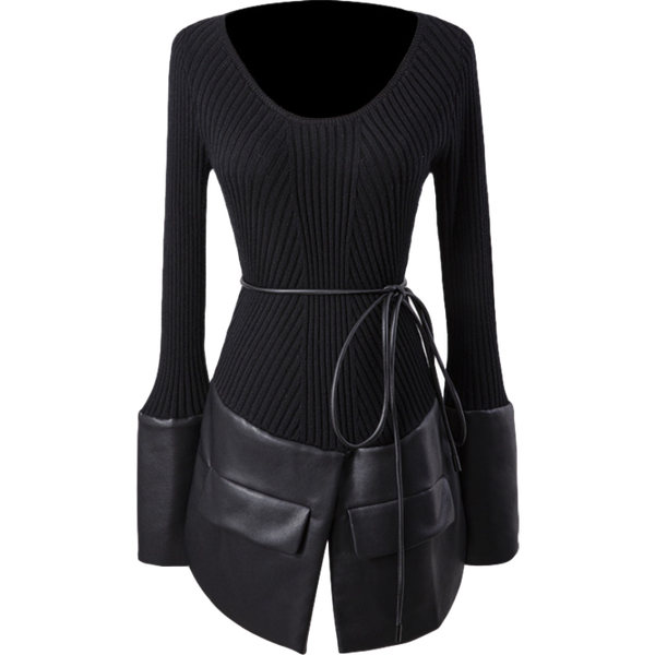 

women's sweaters [ewq] 2021 spring women round neck loose soft minimalist long sleeve pullover patchwork pu leather lace up knitting 8q, White;black