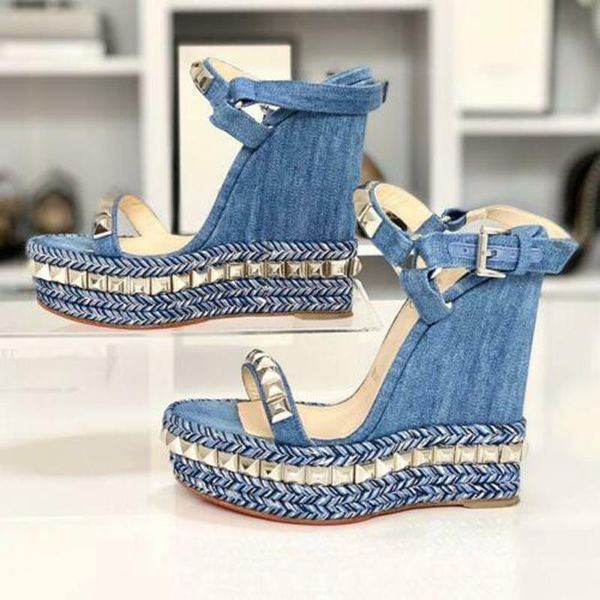 

ladies wedding party sandals red bottoms wedges women shoes 140mm heels wedge soles denim sandals high heel shoes studs blue, Black