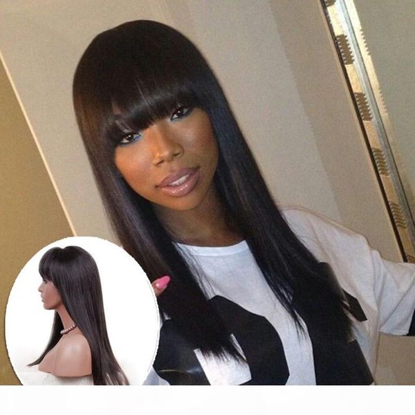 

straight human hair wigs with bangs virgin full lace wig peruvian hair with full bangs human hair glueless lacefront wig for black women, Black;brown