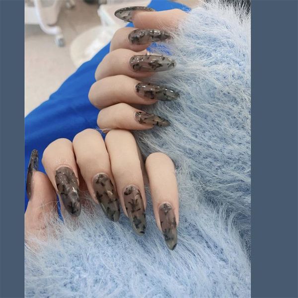 

false nails 24pcs black graffiti nail patch sweet style glue type removable long paragraph manicure save time butt666, Red;gold