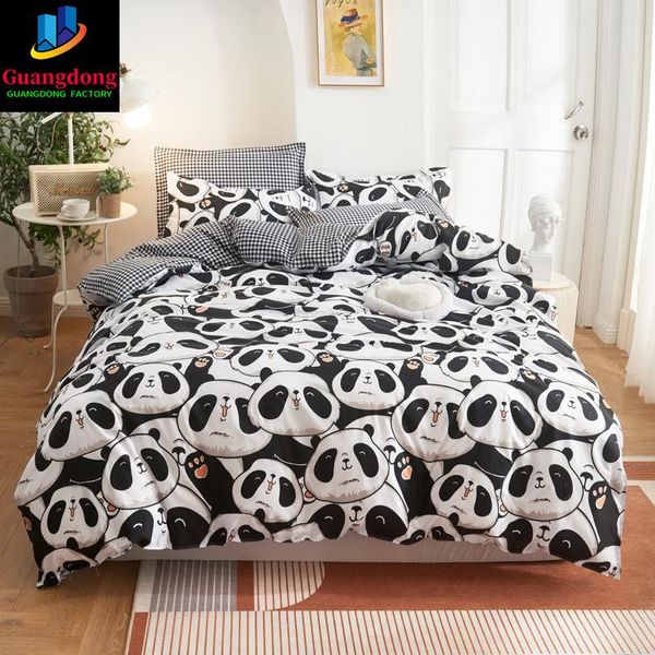 

bedding sets cartoon panda plaid duvet cover pillowcases 3/4pcs quilt twin full single king size bedclothes