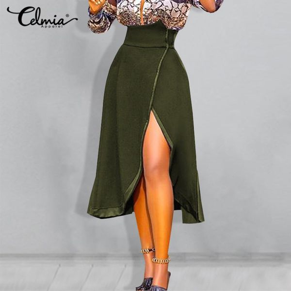 

celmia autumn pu leather skirts 2021 women high waist slit long skirt vintage fleece high waist patchwork casual skirt plus size, Black
