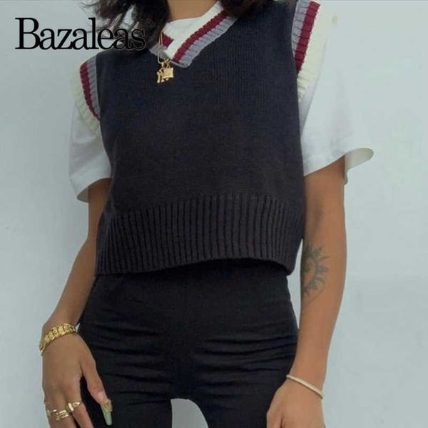 

women's vests bazaleas spring patchwork v neck pull femme vintage navy knitted tank chic sleeveless women sweater casual, Black;white